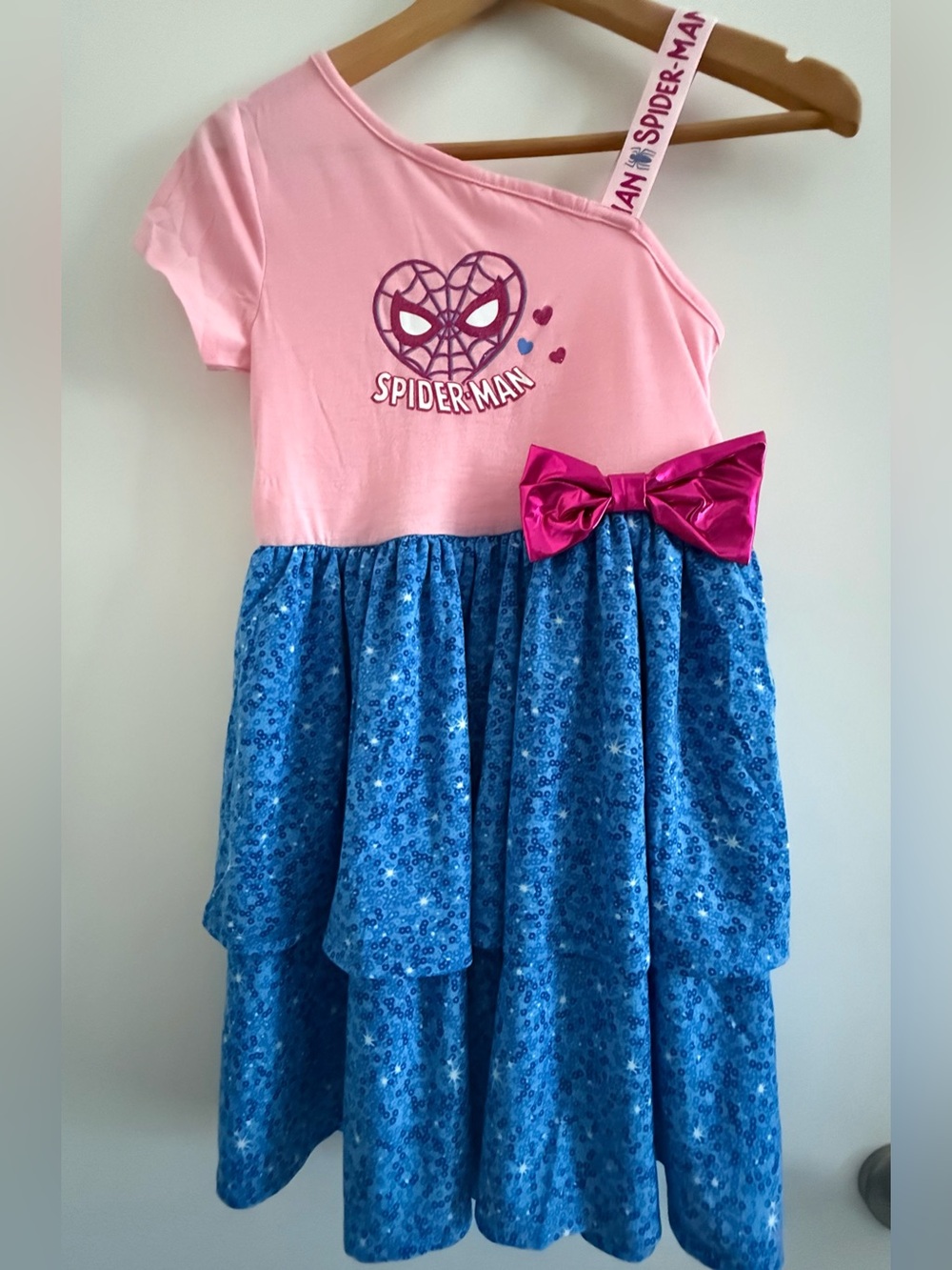 Spiderman Pink and Blue Sequin Dress with Hot Pink Bow